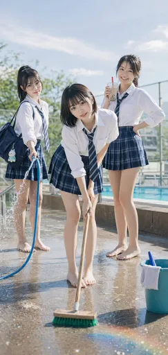 泳池边学校清洁场景