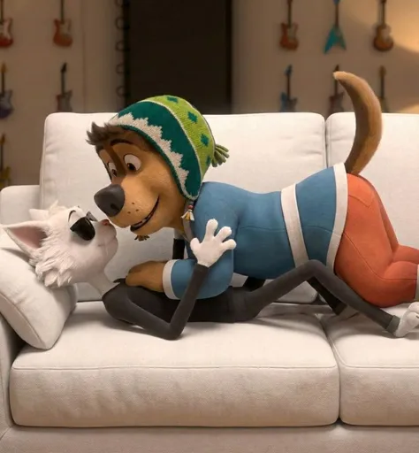 坐在沙发上的 Rock Dog 角色