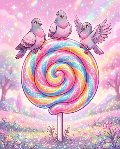 充满童趣的棒棒糖与鸽子插画