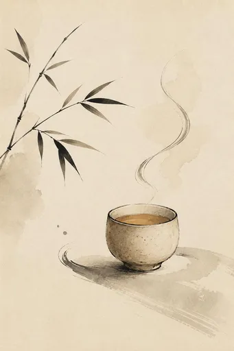 禅意茶杯水墨画