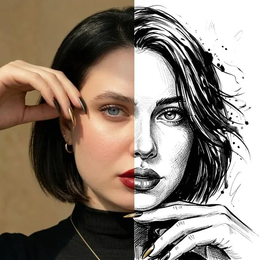 半脸照片与水墨插画合成