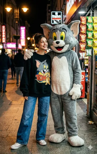 女子与猫咪吉祥物街头邂逅