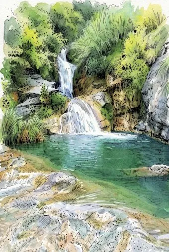 热带绿洲瀑布水彩插画