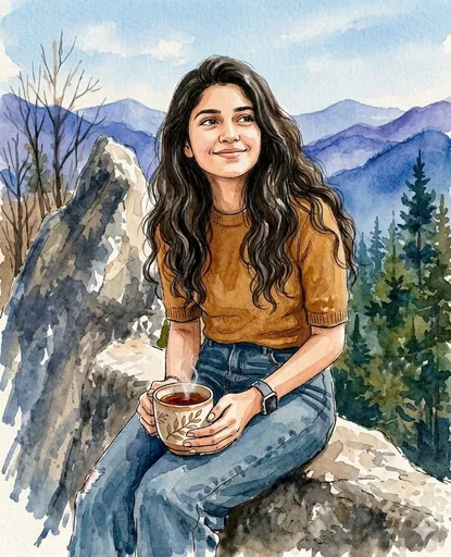 山顶眺望水彩画