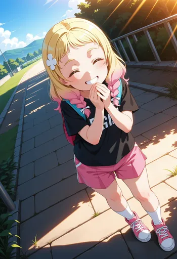 阳光人行道上开朗的动漫少女