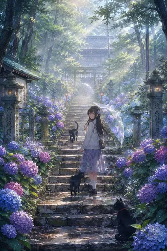 雨季神社绣球花场景