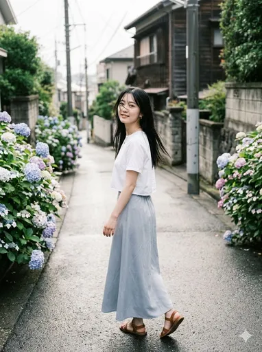 雨中绣球花街头人像