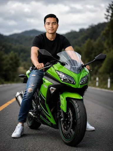 绿色运动摩托车与山路