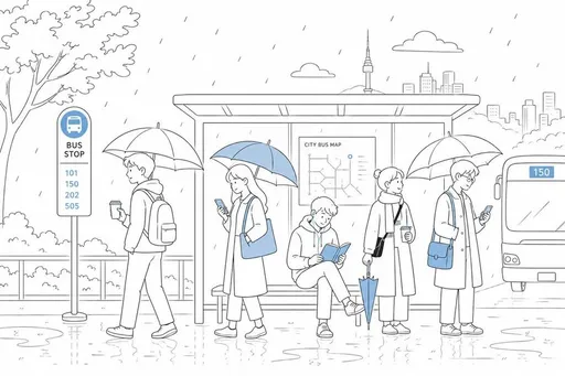 雨中城市公交站通勤