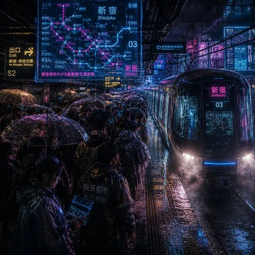 嘈杂的赛博朋克新宿雨中站台