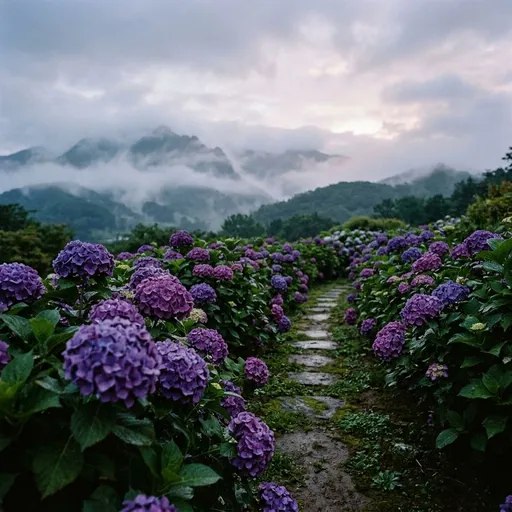 雾气缭绕的绣球花花园景观