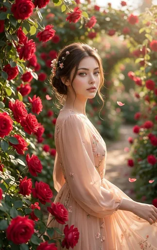 红玫瑰花园中的韩国女孩
