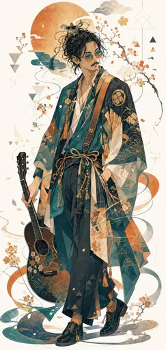 和服吉他手时尚插画