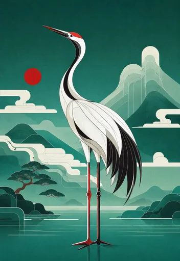 几何风格丹顶鹤海报