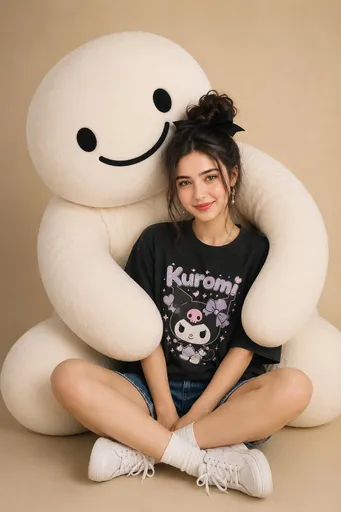 与巨型毛绒吉祥物合影的女性