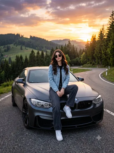 电影质感女性与 BMW 肖像