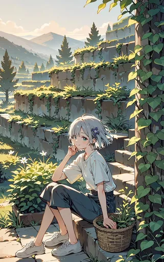 长满植被的山间花园中的动漫少女