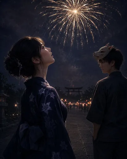 神社祭典烟花下的情侣