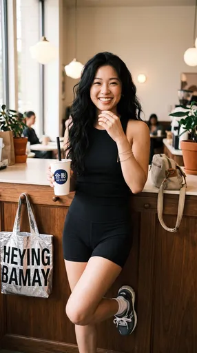 东亚女性在珍珠奶茶店的肖像