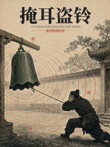 复古中国成语“掩耳盗铃”海报