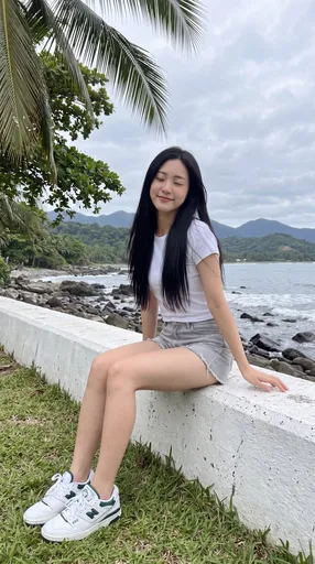 海堤上的东亚女性