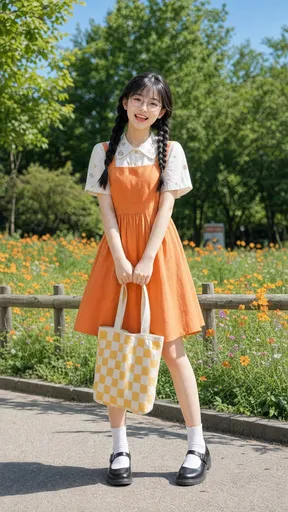 春日公园里的活泼背带裙女孩