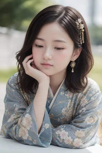 身着蓝色花卉和服的女孩