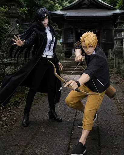 森林神社前的动漫 Cosplay 双人组