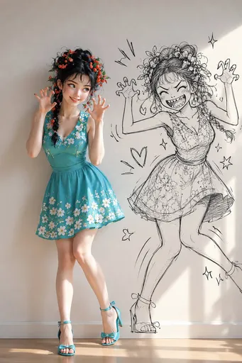 俏皮女孩与漫画墙绘
