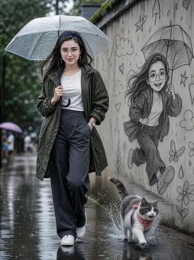 电影感雨中街道人像