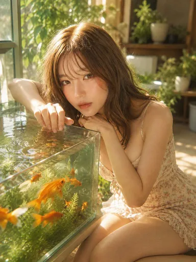 阳光房中金鱼缸旁的女子