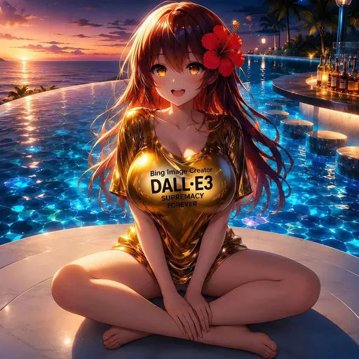 日落无边泳池旁的动漫少女