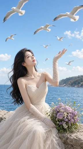 浪漫海滨新娘与海鸥