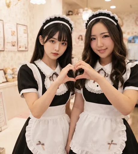 两位女仆咖啡厅少女比心