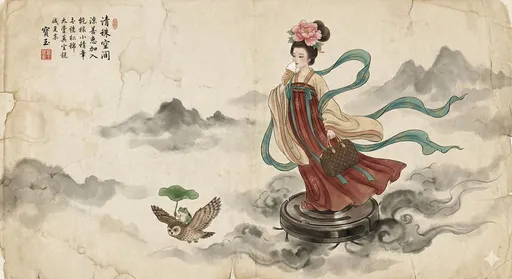 工笔画风格：仙女与扫地机器人