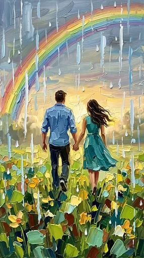 雨中彩虹草地上的情侣