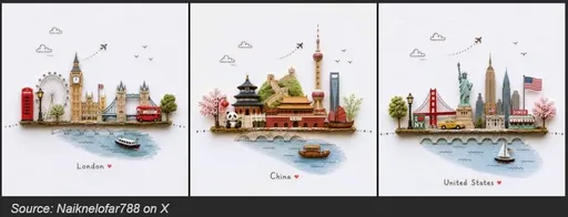 水彩旅行地标三联画