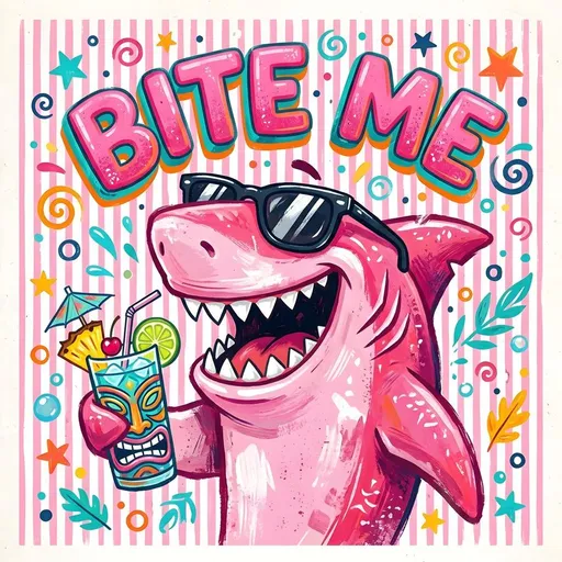 粉色鲨鱼“BITE ME”插画