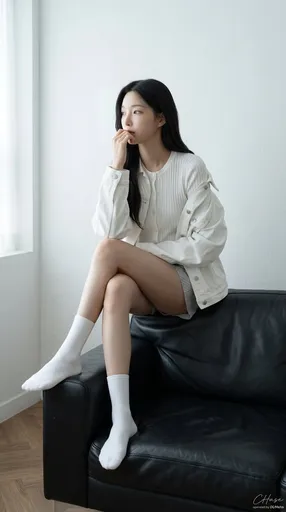 黑色皮沙发上的时尚现代肖像