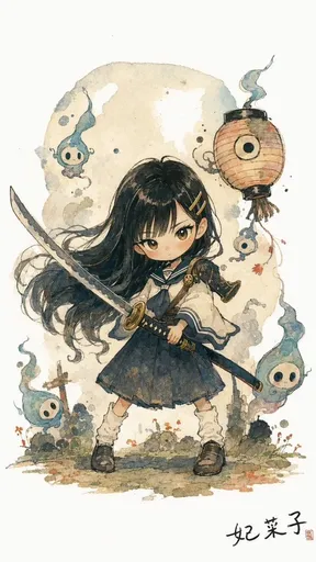 水彩 Q 版女学生剑士