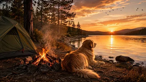 夕阳湖畔的金毛寻回犬