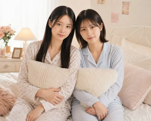 身着柔和色调睡衣的两位女性卧室场景