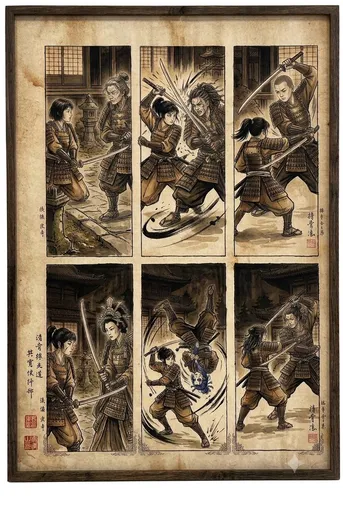 武士对决浮世绘三联画