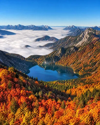 秋季高山湖泊全景