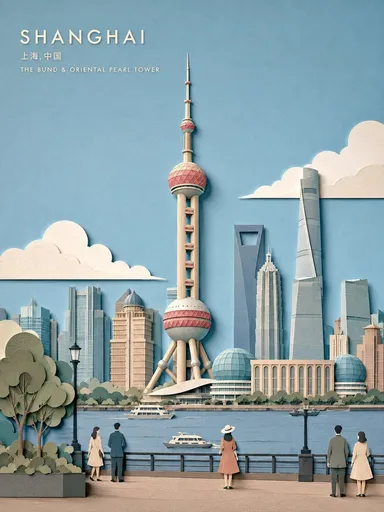 分层剪纸风格城市旅行海报