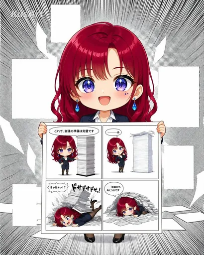 手持四格漫画的 Q 版职场女性