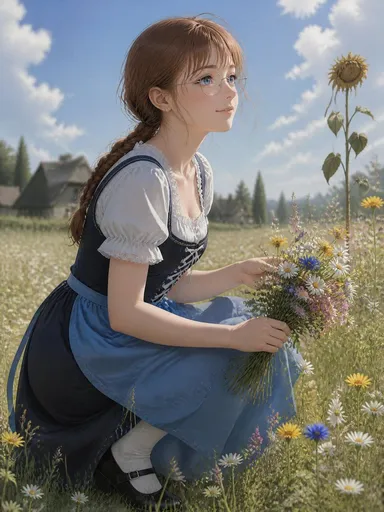 野花草地上的动漫少女