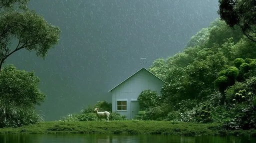 雨中乡村小屋花园与绵羊