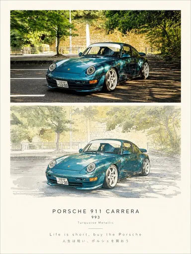 Porsche 911 照片与水彩海报