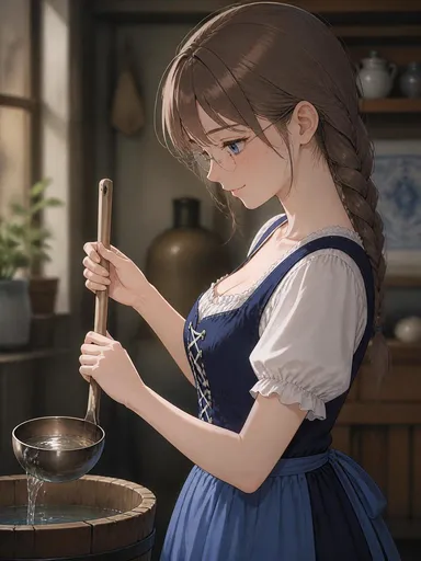 乡村厨房中手持长勺的动漫少女